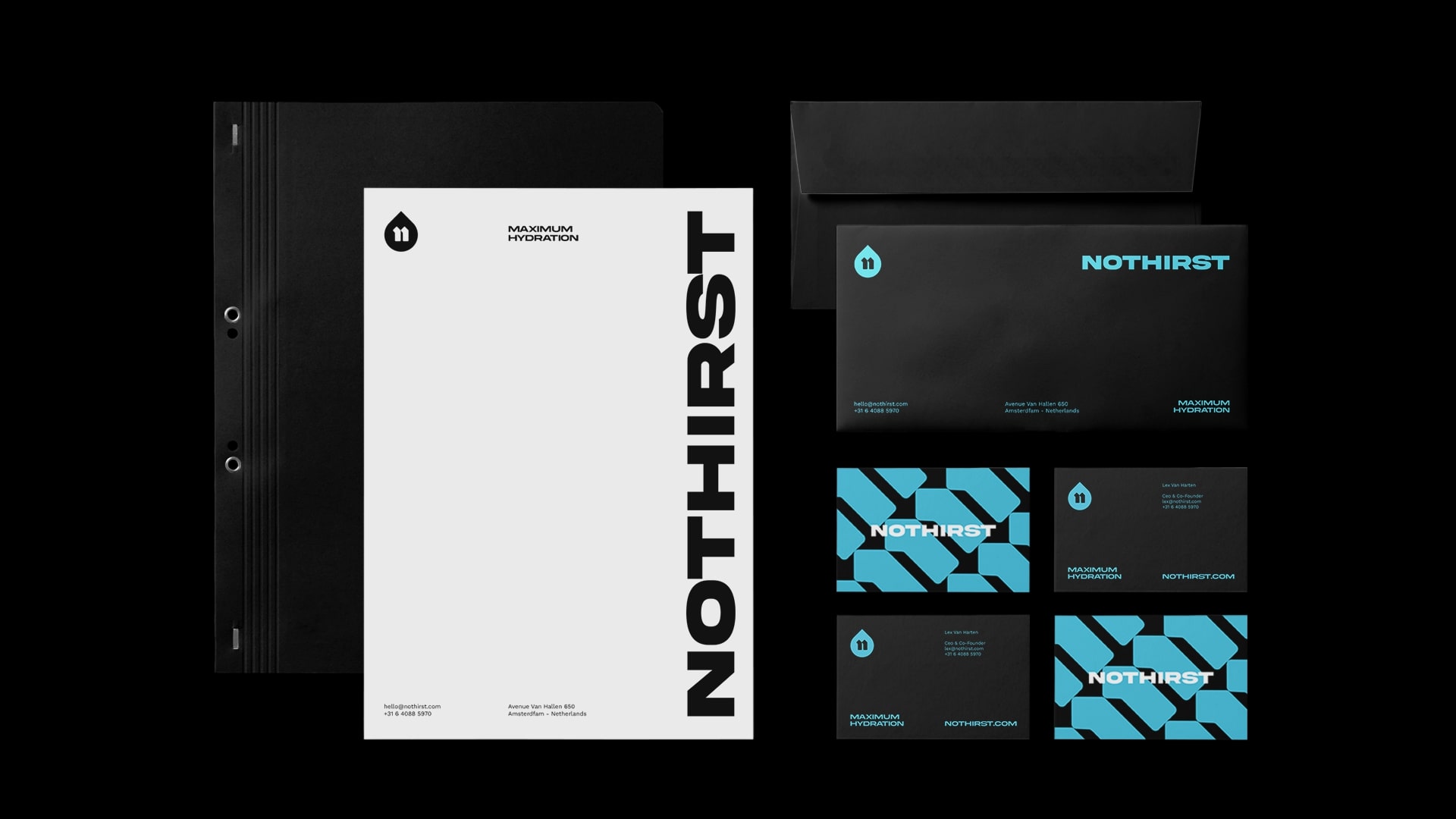 NoThirst 运动生活方式与运动补水水杯品牌形象vi设计，黑篮配色+几何底纹辅助图形.jpg
